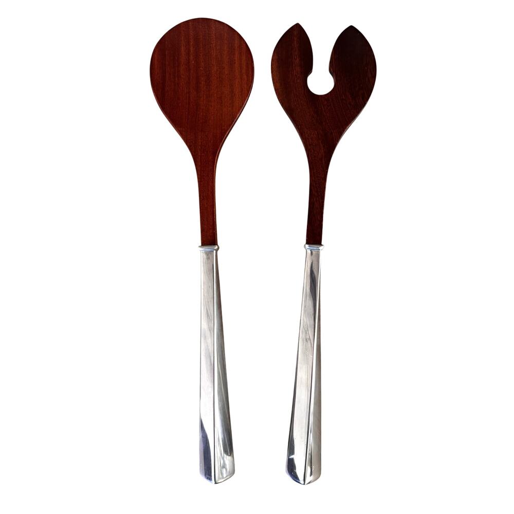 VINTAGE Lenox Salad Serving Utensils Spoon & Fork Set Tongs Wooden Silver Handle